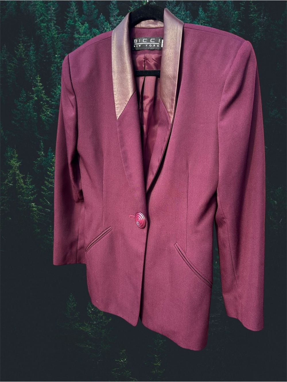 Women's Plum Blazer with Pleather Accent Collar. Textured Fashion